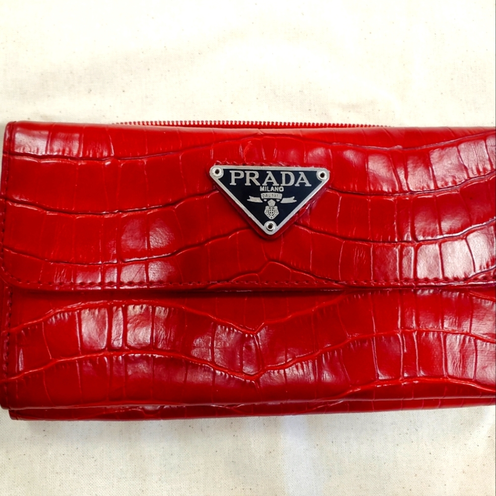 Red Leather Crocodile Embossed Vintage Prada Zip Around Wallet